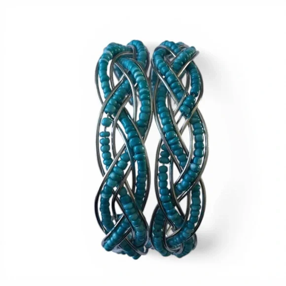 🌻 Braided Seed Bead Cuff Bracelet- Teal & Silver - Picture 9 of 12